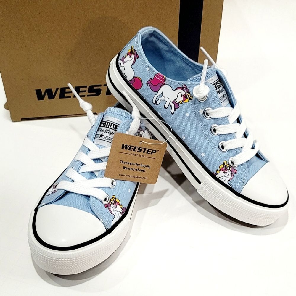 Weestep Kids Girls Lace Up Blue Unicorn Canvas Sneakers Shoes Size 11 NWT, NWB